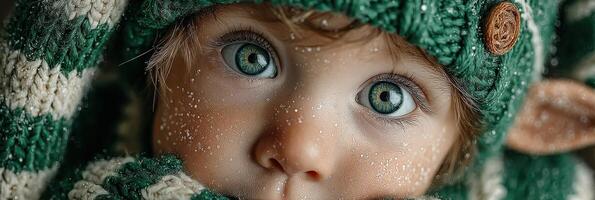 Cute child in warm green winter hat and scarf gazes curiously with bright blue eyes amid falling snowflakes photo