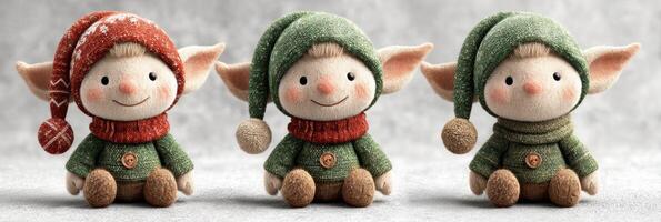 Festive elf doll collection in cozy holiday attire with cheerful expressions and unique hats photo