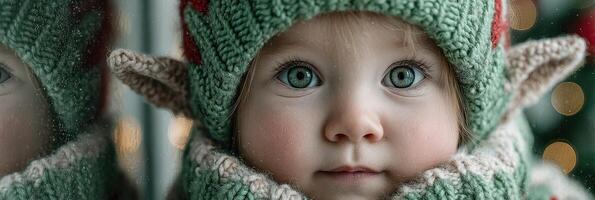 Sweet toddler with elf ears wearing winter gear and a cozy knitted hat smiles in front of a festive background photo
