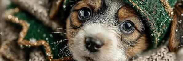 Cute puppy in festive attire with sparkly accents relaxing indoors during the holiday season photo