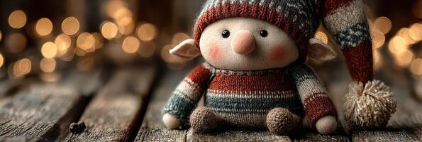 Cute handcrafted elf doll sitting on rustic wooden table with festive lights in the background during holiday season photo
