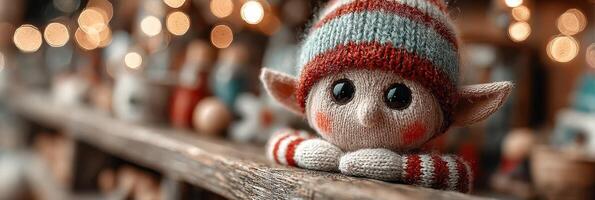 Charming elf figure resting on a wooden ledge in a warm holiday market atmosphere with festive lights photo