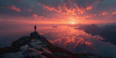 Beautiful sunset view from a mountain overlooking the sea with a lone figure standing on a rocky ledge photo