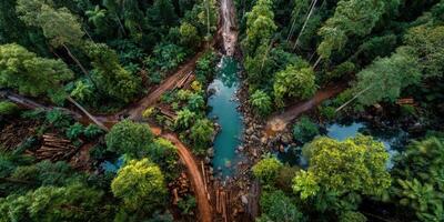 Lush green forest with winding river and logging paths captured from above during daylight hours photo