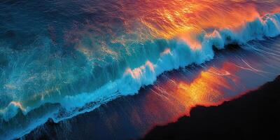 Waves crashing on a dark shoreline at sunset reflecting vibrant colors of the sky photo
