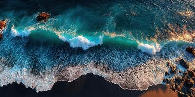 Waves crashing along a serene shoreline at sunset with vibrant blue hues and rocky formations photo