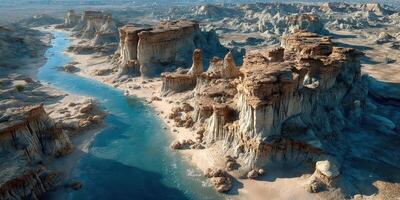 Breathtaking aerial view of a serene river winding through rugged rock formations in a vast desert landscape at sunrise photo
