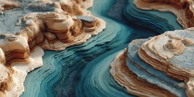 Stunning aerial view of layered rock formations and turquoise waters at sunset in a remote canyon photo