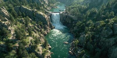 Waterfall cascading into a vibrant river surrounded by lush green mountains and rocky cliffs during daylight photo