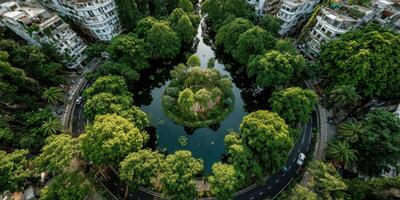 Urban oasis surrounded by lush greenery and modern buildings in a vibrant city landscape during daylight hours photo