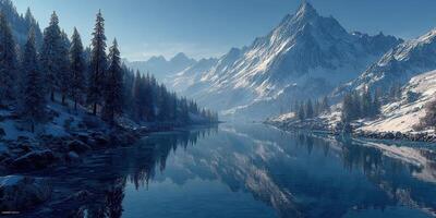 Snow-covered mountains reflect in a pristine river under clear skies in a serene winter landscape photo