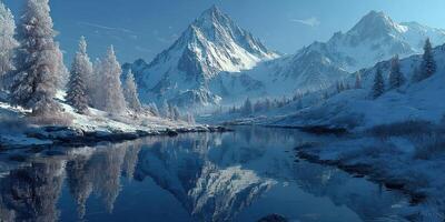 Winter landscape features snow-covered mountains and a tranquil river reflecting the scenery during the day photo