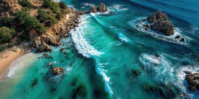 Beautiful ocean waves crashing on rocky shores along a tropical beach at midday photo
