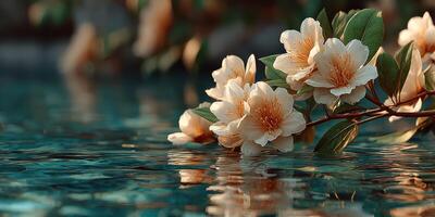 Beautiful blossoms floating on water in a tranquil pool surrounded by lush greenery at sunset photo