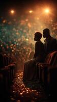 Couple enjoying a romantic moment in a dimly lit theater filled with warm lights during a performance evening photo