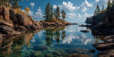 Serene coastal landscape with calm waters and reflections on a sunny autumn day at a secluded bay photo