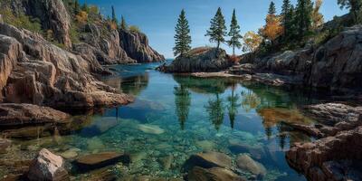 Tranquil autumn landscape reflecting trees and rocks in clear waters of a serene coastal bay photo