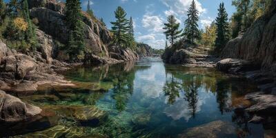 Serene landscape with clear water reflecting trees in a tranquil river setting during late afternoon photo