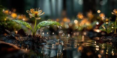 Morning dew glistens on fresh flower and leaves in a tranquil forest setting with soft bokeh background photo