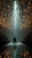 Wheelchair user in spotlight surrounded by illuminated audience in a creative performance setting photo