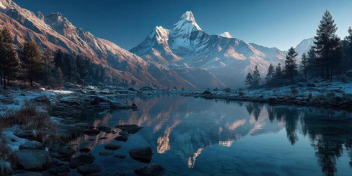 Majestic mountain landscape at dawn with serene river reflections and snow-capped peaks in a tranquil setting photo