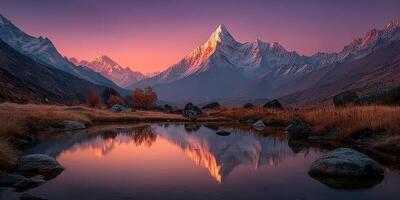 Majestic mountain landscape reflecting on calm water during sunset in a serene valley photo