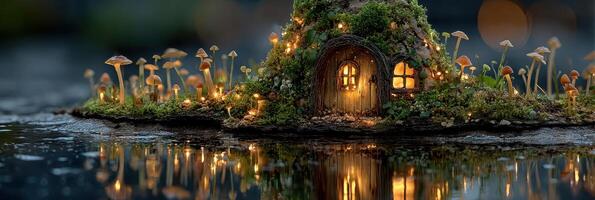 Small enchanted cottage illuminated by warm lights surrounded by mushrooms near a tranquil water surface at dusk photo
