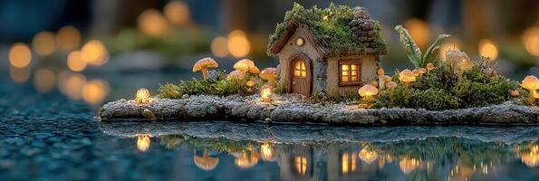 Charming miniature house surrounded by glowing mushrooms and greenery near still water at twilight photo