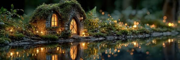 Enchanting miniature house by the water reflecting lights in a serene forest setting during dusk photo