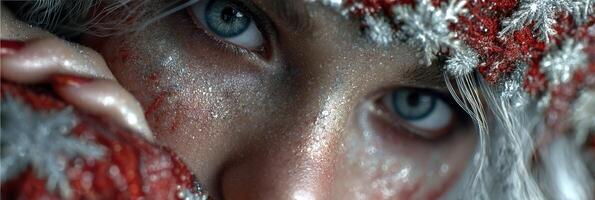 Close-up of a winter-themed character with icy blue eyes and shimmering makeup in a snowy setting photo