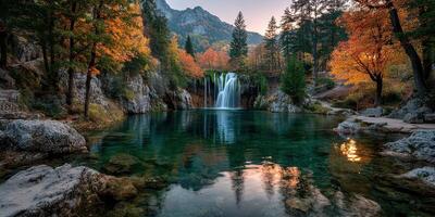 Cascading waterfall reflecting autumn colors in a serene lake at sunset in a tranquil mountainous area photo