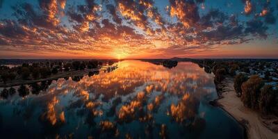 Sunrise over the river with colorful reflections and dramatic clouds in the sky during dawn photo