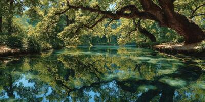 Tranquil waters mirror lush tree canopies in a serene forest location during a sunny day photo