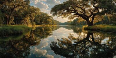 Serene landscape with oak trees reflecting in calm water at sunset in a lush park setting photo