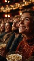 Audience enjoys a film screening while holding popcorn and smiling at an evening event in a cozy theater atmosphere photo