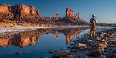 Hiker explores the stunning rock formations and reflective waters at Monument Valley during golden hour photo