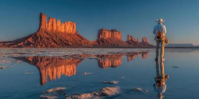 Sunset reflections at Monument Valley with a lone traveler exploring the stunning desert landscape photo
