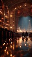 Couple enjoys a serene evening at the theater with soft lighting and a festive atmosphere photo