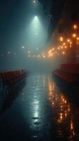 Atmospheric empty theater with glowing lights and wet floor during misty evening photo