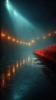 Mysterious atmospheric setting with red seats and soft glowing lights at a quiet venue photo