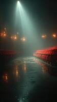 Mysterious atmosphere in an empty theater with red seats and light beams at night photo