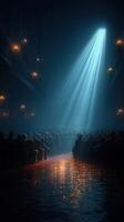 Audience captivated by performance under dramatic lighting at an elegant venue photo