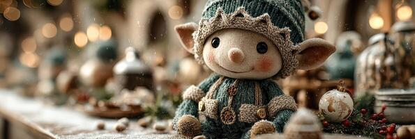 Cute elf doll sitting on a festive table with decorations and a warm holiday atmosphere photo