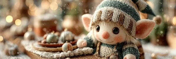 Cute little elf sitting at a festive table with snacks in a cozy winter setting filled with lights photo