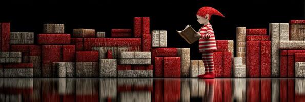 Child in striped outfit reads a book next to colorful stacked blocks in a dimly lit space photo