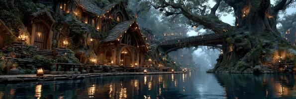 Enchanted village beside a tranquil river illuminated by glowing lanterns at twilight photo