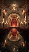Glamorous theater interior showcases an elegant stage and exquisite chandeliers in an opulent setting photo
