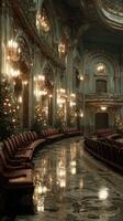 Elegant theater hall adorned with Christmas trees and glowing chandeliers during the festive season photo
