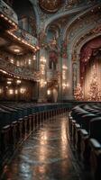 Elegant theater interior with decorated Christmas trees and stunning architecture during a festive season evening photo