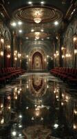 Elegant interior of a grand hall with intricate designs and reflective flooring in a luxurious setting photo